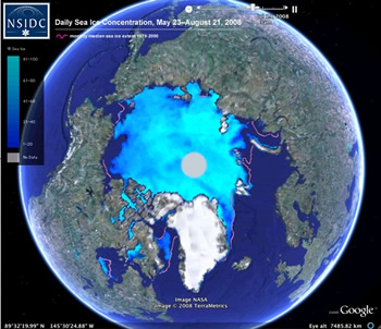 Still shot of single frame of animation showing sea ice in Arctic from satellite