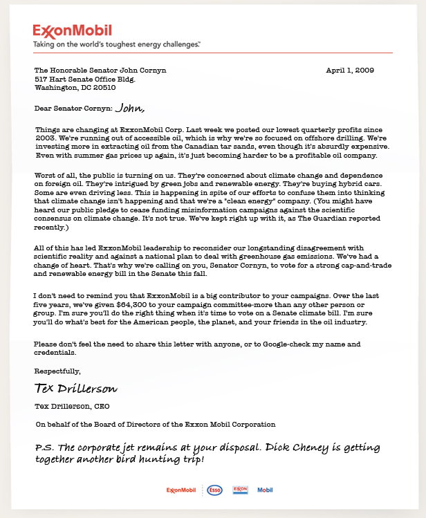 ExxonMobil astroturfing letter