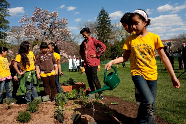 Michelle Obama with students in the White House garden.
