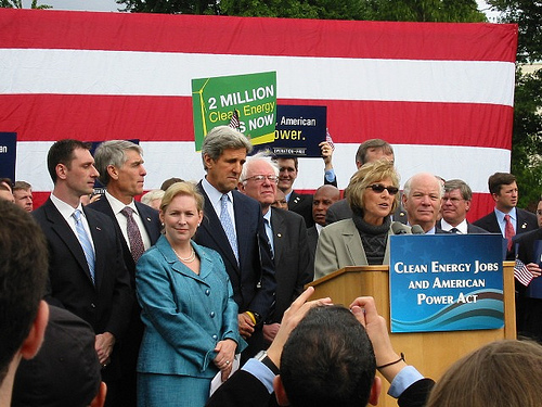 Boxer, Kerry, and supporters at rally for climate bill