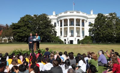 Michelle Obama speaking in front of the White House