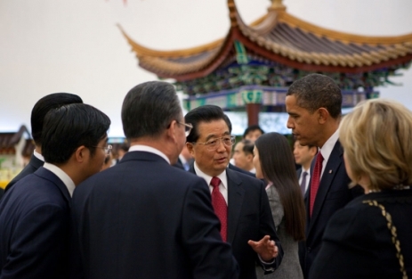 Obama and President Hu Jintao together at a reception before the formal state dinner in Beijing.