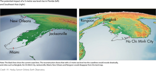 The potential impact of a 5-metre sea level rise in Florida (left) and Southeast Asia (right) (map/graphic/illustration)