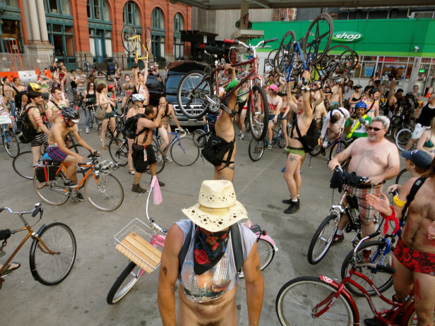 Naked bike protesters.