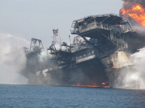 The Deepwater Horizon drilling rig on fire.