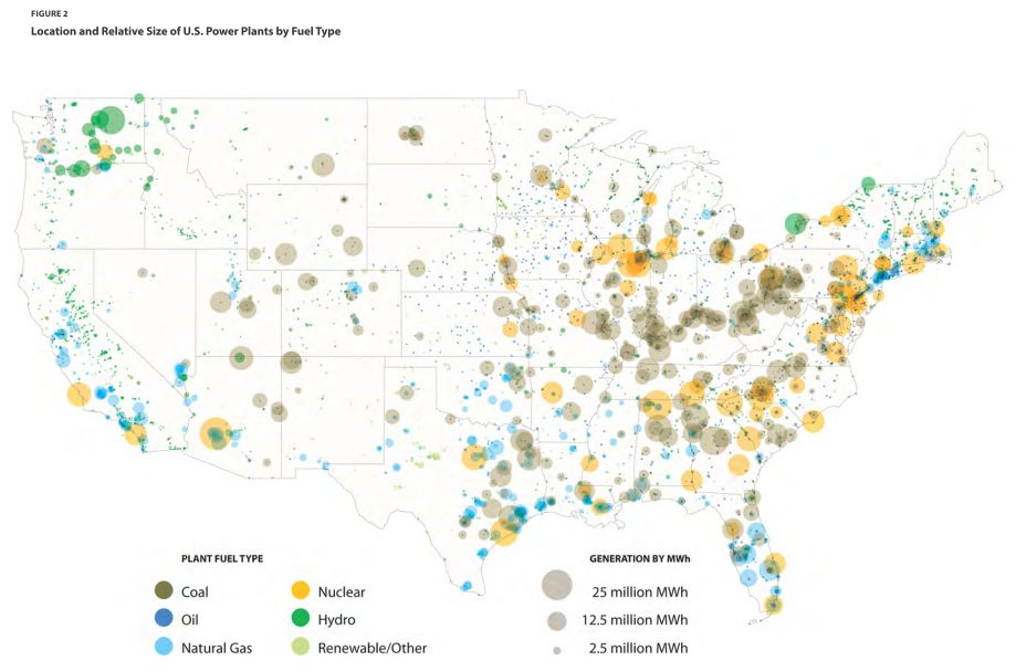 Ceres: location and relative size of US power plants