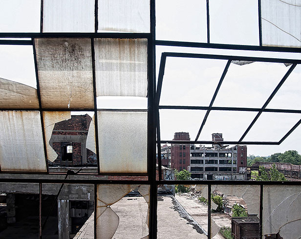 Broken factory windows in Detroit