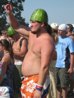 Man with watermelon hat.