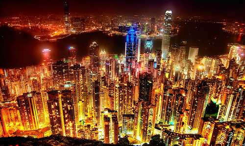 Nighttime skyline of Hong Kong.