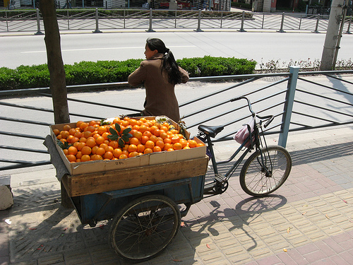Orange vendor with bike, China.