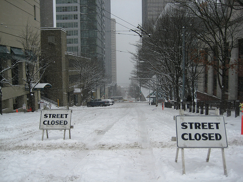 Street closed in Seattle because of snow.