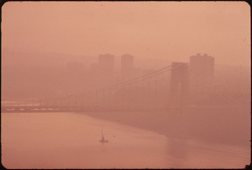 George Washington Bridge through heavy smog in New Jersey and New York.