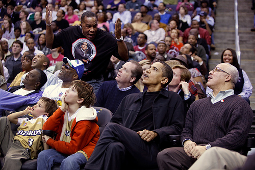 Obama at a basketball game.