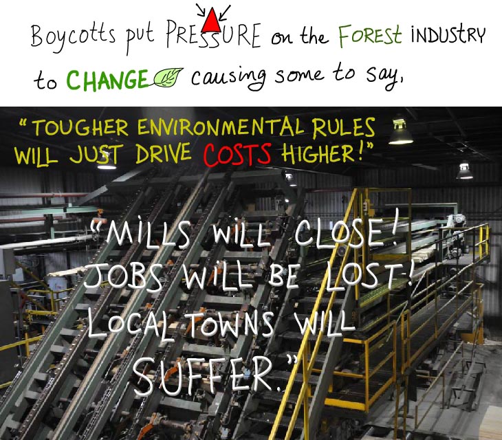 Shopping as activism? Boycotts put pressure on the forest industry to change causing some to say, 'Tougher environmental rules will just drive costs higher!' 'Mills will close! Jobs will be lost! Local towns will suffer.'