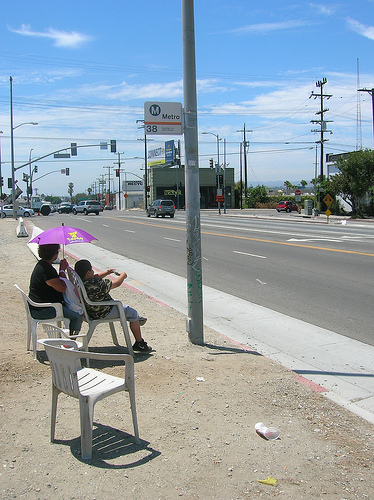 Waiting at an LA bus stop.