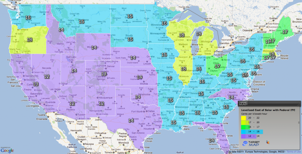 Map of state-by-state levelized cost of solar PV 