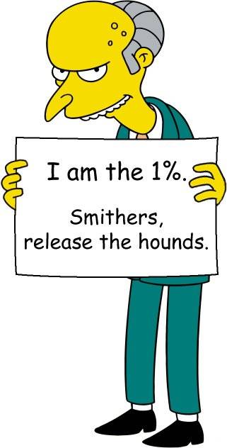 Mr. Burns holding sign: "I am the 1%. Smithers, release the hounds."