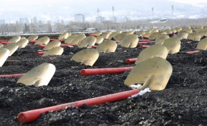 shovels laying on coal field