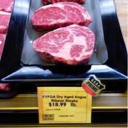 meat in grocery store display with label
