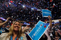 Delegates celebrate following remarks by U.S. President Barack Obama during the final session of the Democratic National Convention. Photo by Reuters / Jessica Rinaldi.
