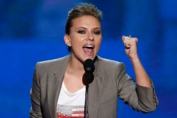 Scarlett Johansson addresses the final session of the Democratic National Convention. Photo by Reuters / Jason Reed.