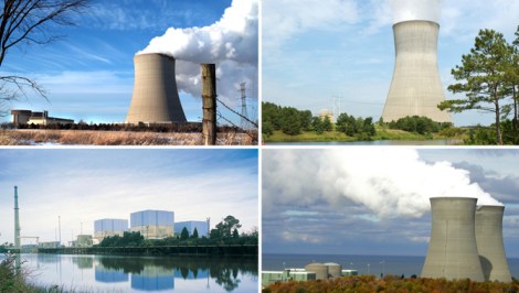 Clockwise from top left: Byron Nuclear Station; Shearon Harris Nuclear Plant; Perry Nuclear Plant; Brunswick Steam Electric Plant. Each experienced a “near miss” in 2012.