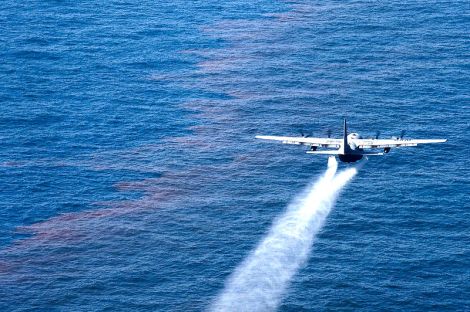 A C-130 Hercules sprays Corexit onto the Gulf of Mexico.