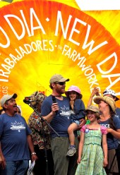 Bob St. Peter (with mic) with his family and Lucas Benitez of the CIW (right) at the closing rally of the CIW March for Rights, Respect, and Fair Food.