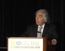 Ernest Moniz addressing an energy efficiency conference, several hours after he was worn in as Energy Secretary.