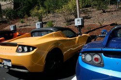 Tesla roadsters charging at the company's Palo Alto headquarters.