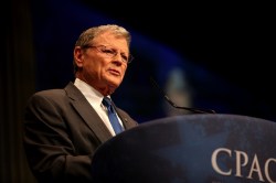 Inhofe speaking at CPAC 2012. The senator has repeatedly dismissed climate change as a “hoax” or “hysteria,” and cited the benefits of global warming for the economy and the environment.