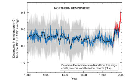 Temperature in the northern hemisphere since 1000 CE. Natural variation in the climate cycle does not contradict climate scientists' predictions.