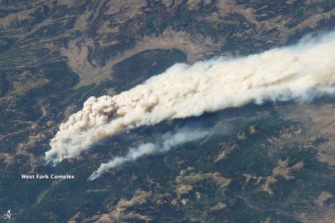 The West Fork Complex fire seen from the International Space Station.   