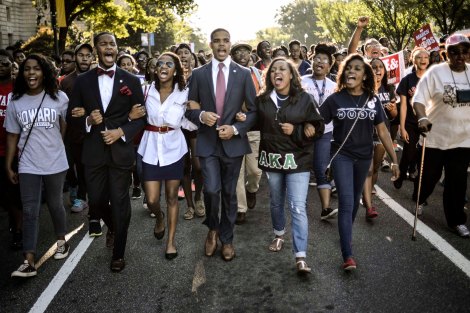 Students of Howard University march from campus to Lincoln Memorial to participate in Realize the Dream Rally for anniversary of March in Washington