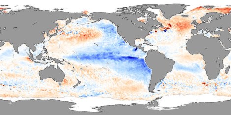 The Pacific Ocean showing La Niña-like conditions in 2007, featuring cooler tropical surface waters.