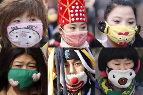 People wearing face masks are seen in this combination picture during the week-long Chinese New Year holiday in Beijing February 9 and 15, 2013.