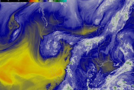 Satellite imagery showing tropical moisture being pulled from the coast of Mexico up to Colorado.