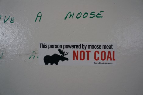Bathroom humor: Sticker seen in a rest stop near the Sacred Headwaters.