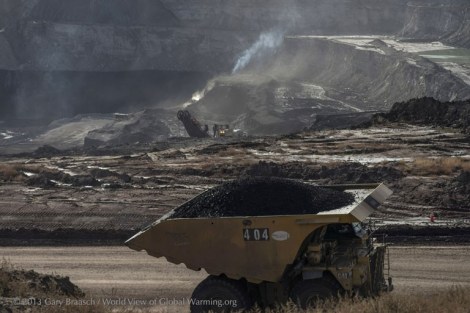 A truck loaded with coal powers out of the Eagle Butte Mine, which produces about 20 million tons of coal per year for the Alpha Natural Resources company.