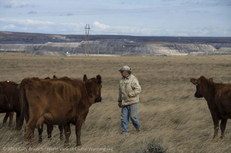 Rancher L.J. Turner looks after some of his red angus cattle on a pasture he leases from the federal Thunder Basin National Grassland. The success of his herd depends on this rich prairie. But underneath lies a thick seam of coal -- and the giant North Antelope Rochelle Mine in the background is gobbling up the prairie to get to it.