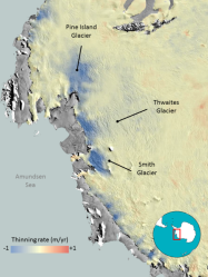 Ice loss in Antarctica; blue shows where ice is thinning, red where it's growing. Click to embiggen.