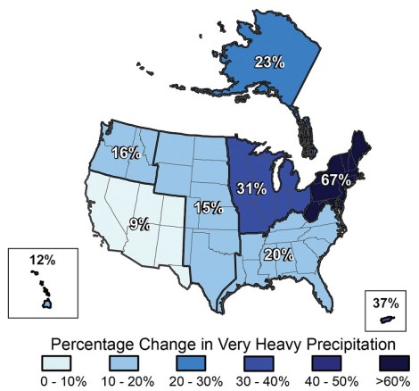 Percent increases in the amount of precipitation occurring in the heaviest precipitation events from 1958 to 2007. Click to embiggen.