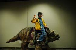 At the Creation Museum in Kentucky, a kid rides the triceratops statue. Just like our ancestors did, or something.