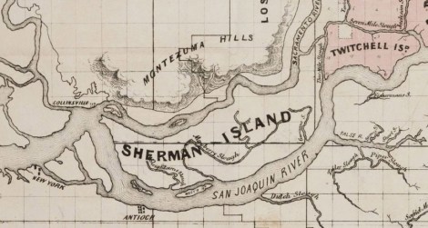 A historical map of Sherman Island, the first drained-and-leveed island created in the massive estuary where the rivers of California's Central Valley meet the waters of the San Francisco River.