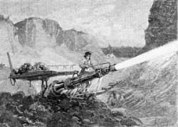 A miner blasts through rubble with a hydraulic cannon in an 1883 illustration from The Century magazine.