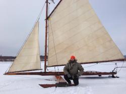 Kesenbaum posing in front of the ice yacht "Cyclone" on Tivoli Bay near Barrytown, New York.