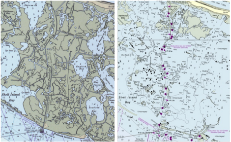 The area south of the town of Buras, Louisiana, in 1990 (left) and today (right). NOAA has retired the names English Bay, Bay Jacquin, and Scofield Bay, acknowledging the vast water that now separates Buras from the barrier along Pelican Island. Click to embiggen.