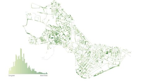 A map showing greenery on the streets of Cambridge, Mass.