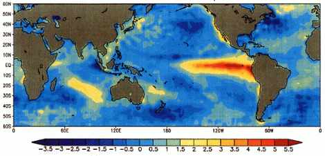 Sea surface temperature during an El Niño event.