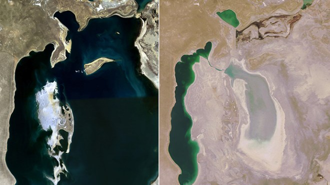 The Aral Sea in 1989 (left) and now (right). 